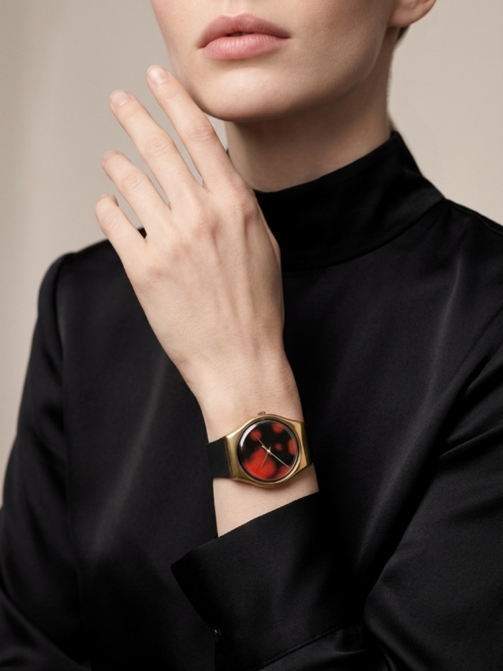 VTG 1989 Swatch Watch Gold-Tone Case Red Black Dial New Battery & Strap 30-31 mm